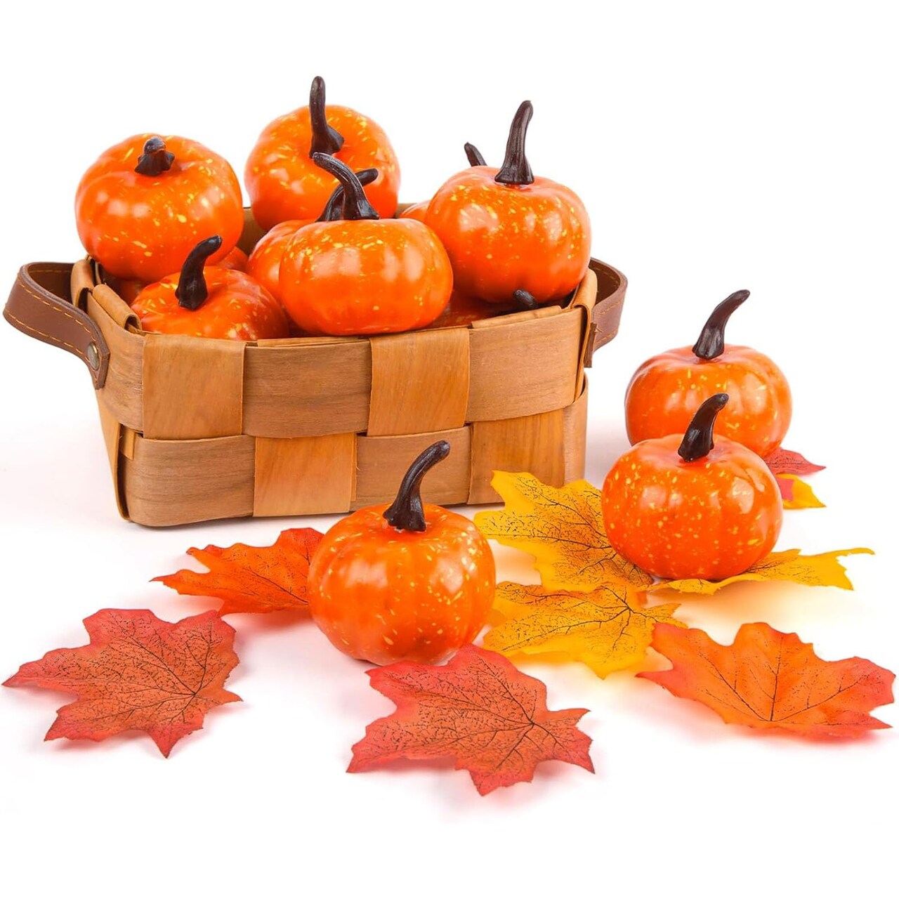 42 PCS Artificial Pumpkins Sets, 12PCS Mini Fake Pumpkins with 30PCS Lifelike Maple Leaves Faux Pumpkins for Decorating Fall Harvest Garland Halloween DIY for Crafts Thanksgiving Decorations